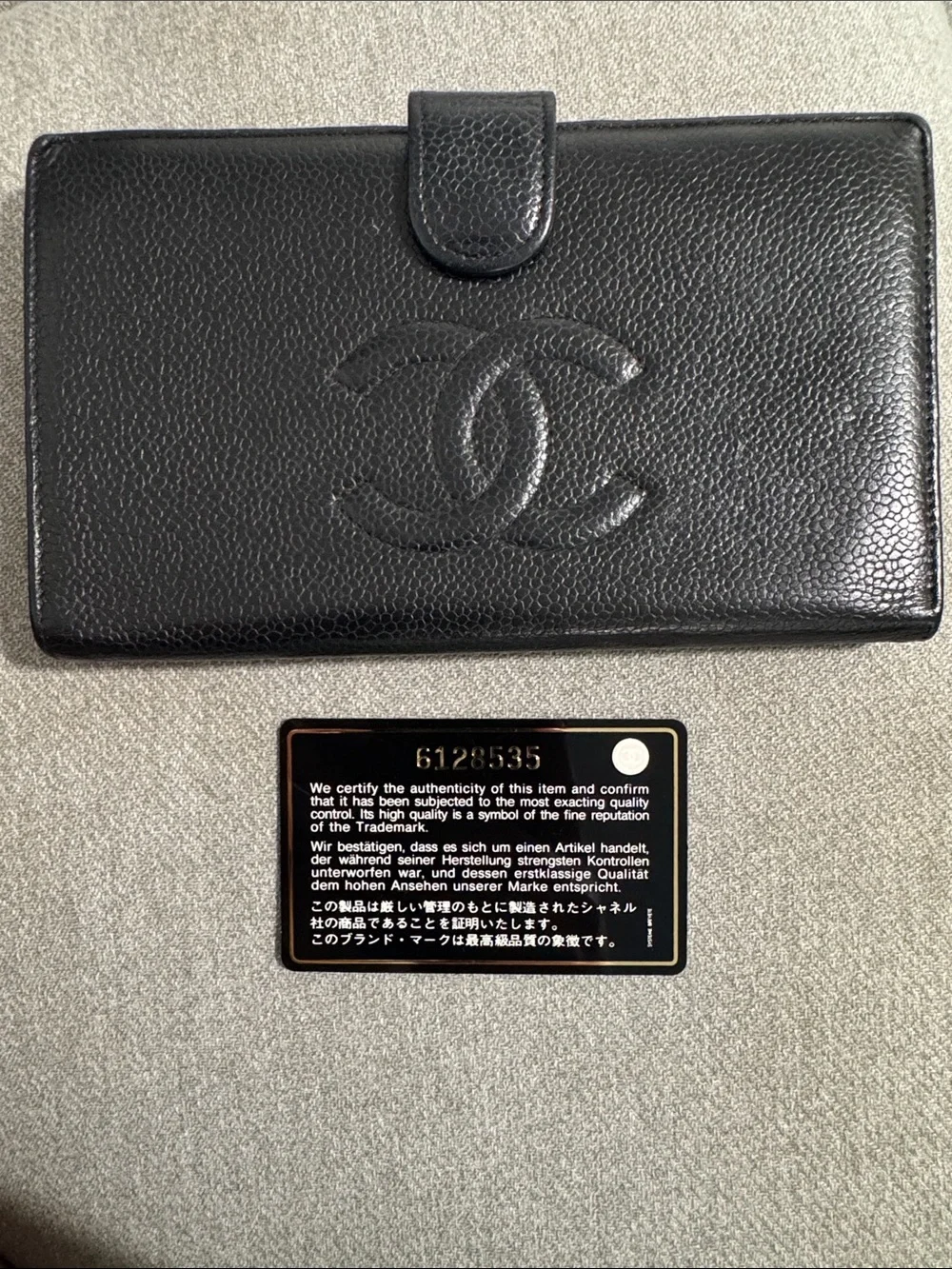 CHANEL Black Caviar Leather Long Wallet with Embossed CC